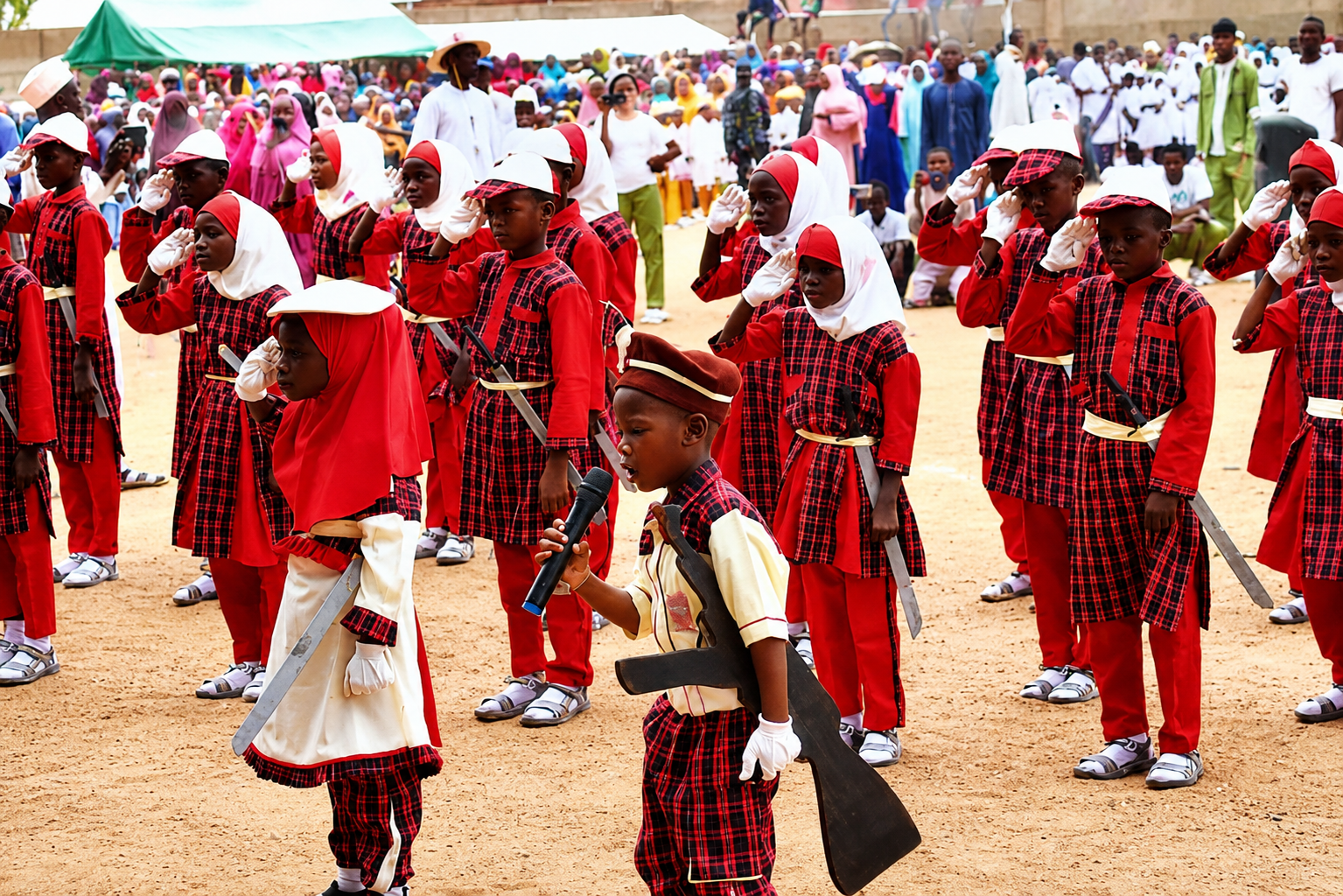 Students in red uniforms on parade, saluting